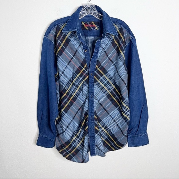 Robert Graham Shirt Men Large Plaid Chambray Denim Button Up Long Sleeve G - Picture 1 of 7